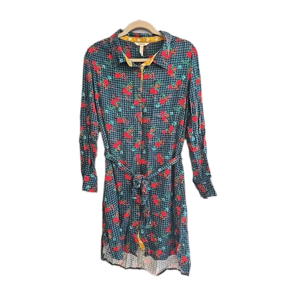 Matilda Jane Fa La La Green Gingham Floral Mini Shirt Dress Womans Size Medium